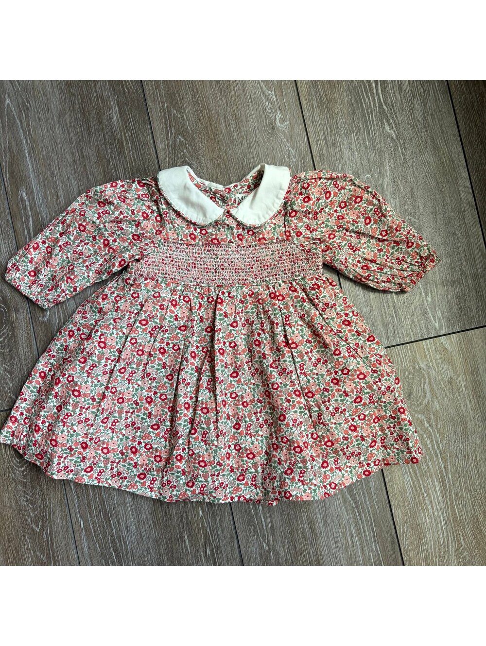 M&S Floral Smocked Baby Dress Peter Pan Collar Puff Sleeves 3–6M